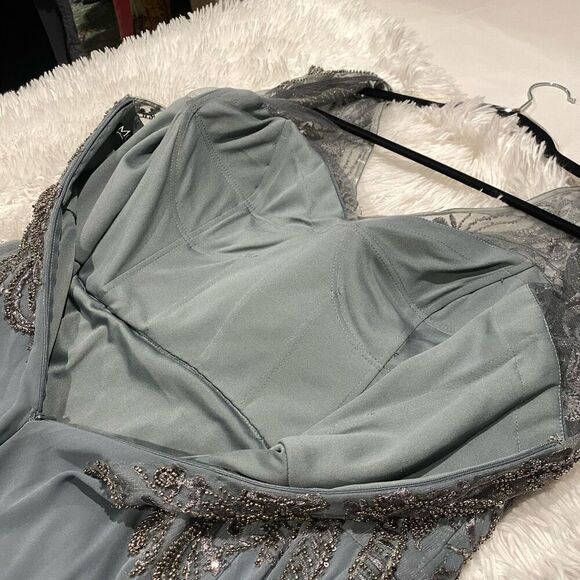 NEW MGNY by Mori Lee Embellished Bodice Cap Sleeve Maxi Dress Gown in Steel Gray - Picture 9 of 13
